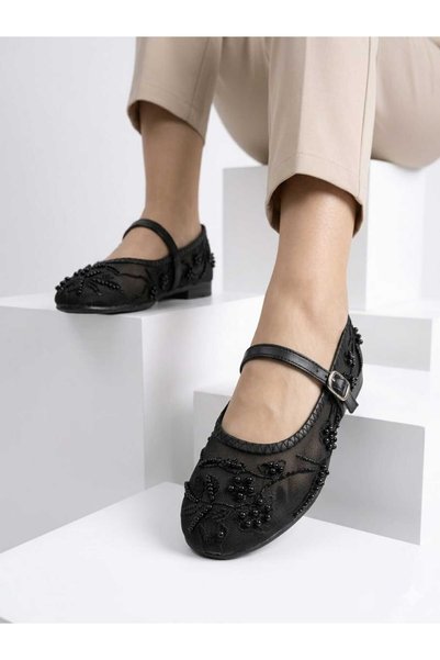 Women's Pearl and Embroidered Tulle Detailed Ankle Strap Ballerina Shoes – Elegant and Stylish Design