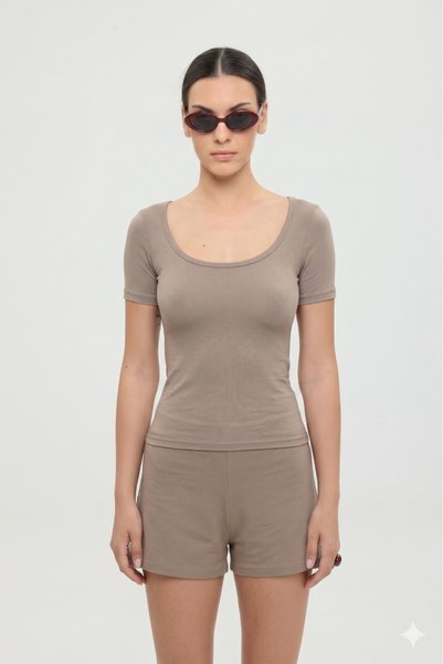Ultra Soft Oval Collar Short Sleeve Blouse Mink