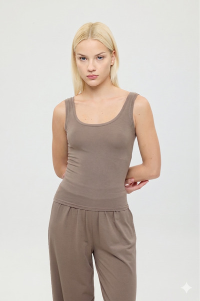 Ultra Soft Oval Neck Sleeveless Blouse Mink
