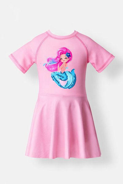 Uv Protection Short Sleeve Dress Swimsuit with Shorts Girls' Swimsuit 5212