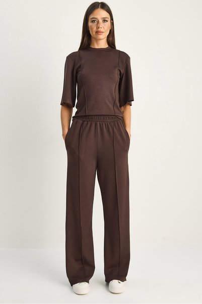 Women's Coffee Soft Touch Ribbed Half Sleeve T-Shirt Elasticized Wide Leg Pants Set 18000 60286181
