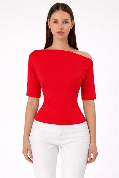 Women's Off-Shoulder Short Sleeve Red Tight Blouse