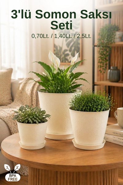 3-Piece Salmon Flower Pot Set 0.70 / 1.40 / 2.5 Lt Flower Pot with Bottom Tray
