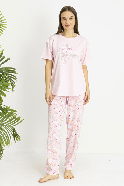 Women's Single Jersey Fabric Short Sleeve Pajama Set 26190 Pink