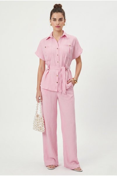 Women's Bret Shirt Pants Woven Pink Bottom Top Set