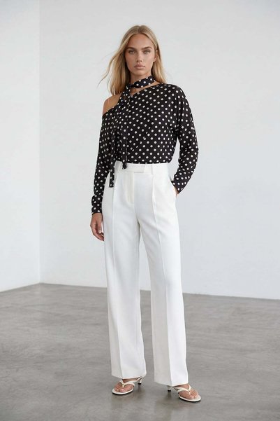 Women's coffee polka dot boat neck halter batwing sleeve cotton blouse alc-x15443