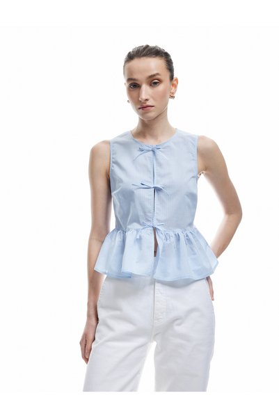 Cotton Sleeveless Front Tie Detail Peplum Blouse