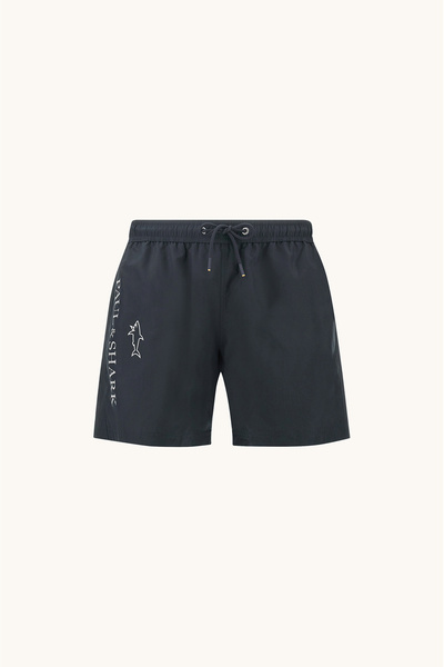 Men's Navy Blue Swim Shorts with Reflective Logo Pattern, Back Pocket and Elastic Waist