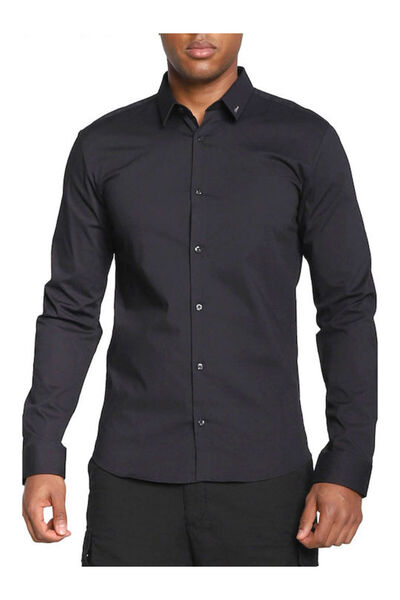 Men's Slim Fit Cotton Collar Logo Signed Long Sleeve Black Shirt
