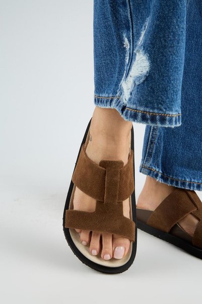 Sabrina Women's Genuine Leather Double-Strapped Tan Slippers