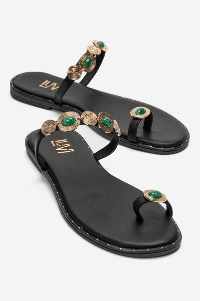 Martinez Black Green Buckle Genuine Leather Women's Flip Flops