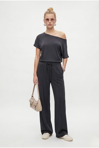 Women's Zeny Modal Touch Boat Neck Elastic Waist Pocketed Anthracite Top and Bottom Set