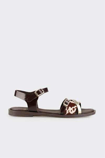 Brown Animal Patterned Leather Women's Flat Sandals