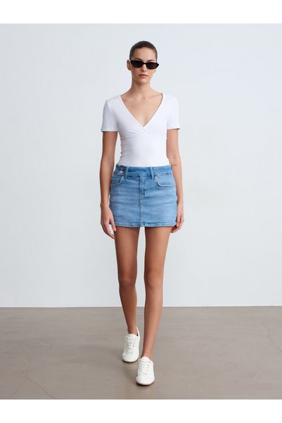 72308 Belt Detailed Denim Shorts Skirt-Blue