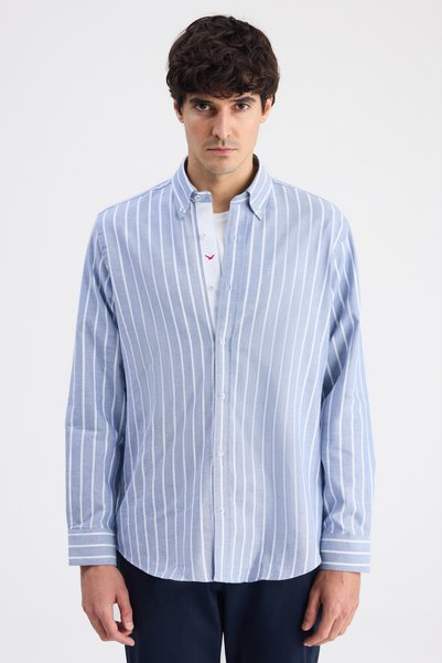 Ds Damat Comfort Navy Blue Striped Shirt