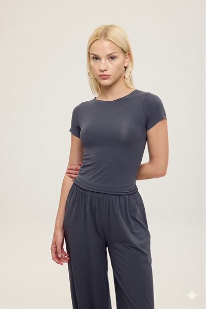 Ultra Soft Boat Neck Short Sleeve Blouse Smoked
