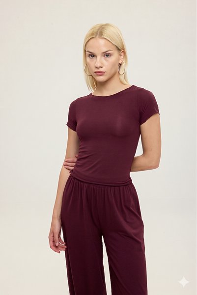 Ultra Soft Boat Neck Short Sleeve Blouse Burgundy