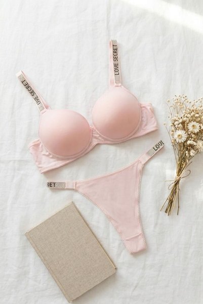 Micro Fabric Solid Color Stone-Embellished Supportive Bra Set Candy Pink