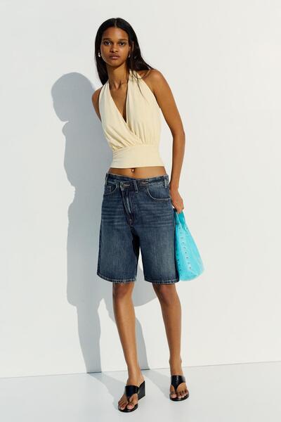 Cross-Waisted Denim Bermuda Shorts