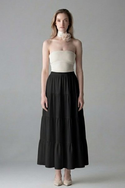 Women's Black Long Flared Skirt with Elastic Waist