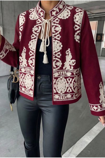 Women's Burgundy Stand Collar Tasseled Embroidered Cashmere Jacket