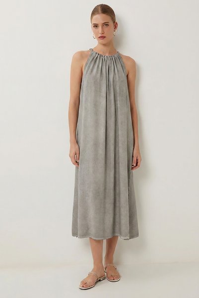 Washable Long Viscose Dress with Straps Lfg0186 Gray