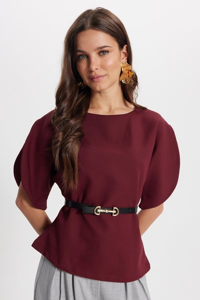Women's Slim Fit Short Batwing Sleeve Thin Belted Zippered Burgundy Blouse Shirt