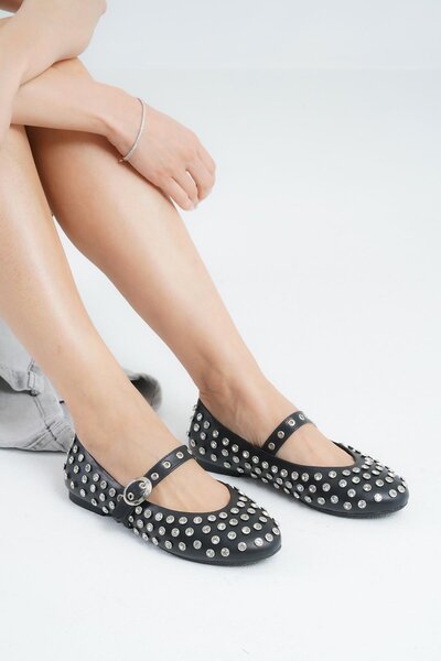Women's Black Disco Stone Buckle Leather Ballerinas Bynddsc02