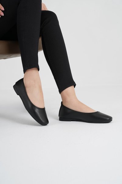 Women's Black Leather Casual Low Heeled Comfortable Ballerinas Byndmrj01