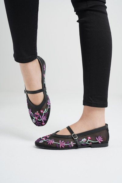 Women's Black Purple Embroidered Buckle Casual Ballerinas Byndnks01