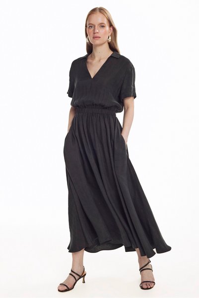 Black Collared Waist Elastic Linen Long Dress