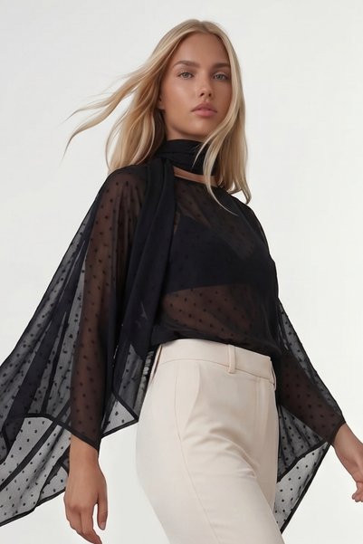 Black Boat Neck Chiffon Blouse with Scarf Detail Alc-X15493
