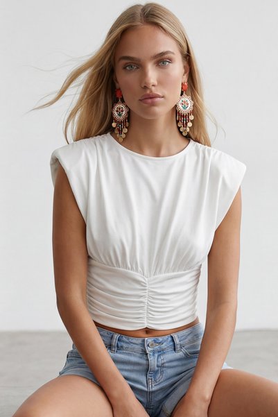 Women's white crew neck blouse with drape detail and padded shoulders - sandy - alc-x15485