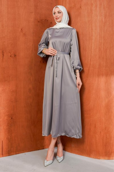 Gray Judge Collar Balloon Sleeve Satin Evening Dress