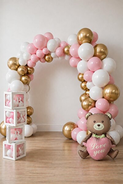 Сет за Baby Shower со балони во хром златна, макарон розова и бела боја; кутија Baby, фолија балон со розово срце и мече