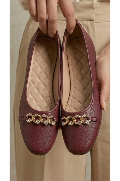 Women's Burgundy Leather Ballerinas with Stone Accessories and Chain 1cm Byndvb02