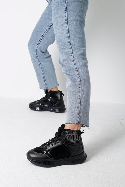 Women's Black Letter Detailed Parachute Fabric Leather Boots 4cm Byndk2004