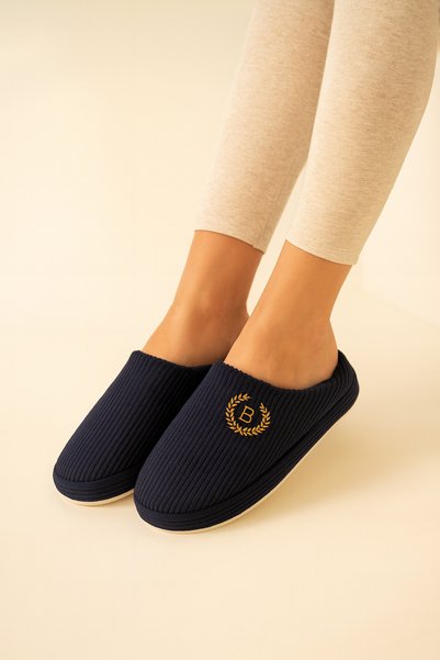 Women's Navy Blue Embroidered Velvet House Slippers Byndzenkdf01