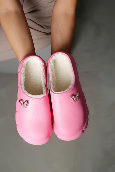 Women's Powder Hera Butterfly Buckle Waterproof House Slippers with Fur Inside 3cm Byndhfay02