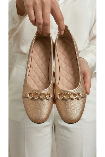Women's Gold Stone Accessory Chain Leather Ballet Flats 1cm BYNDVB02