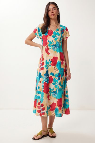 Patterned Draped Summer Viscose Dress Lrn0040 Blue Yellow