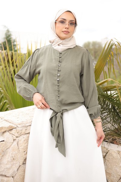 Khaki Elastic Sleeve Shirt with Tie at the Waist