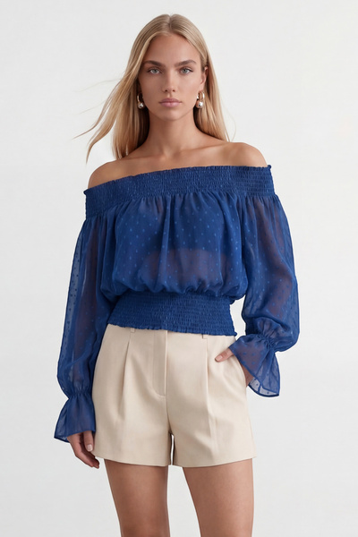 Women's cobalt blue madonna neck chiffon blouse with gipeli alc-x15479