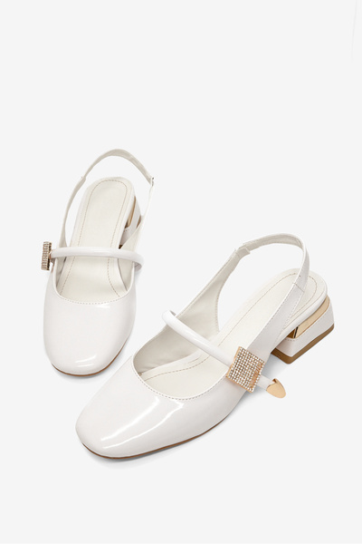 Women's White Patent Leather Comfortable Fit Belt Detailed Stone Heeled Shoes