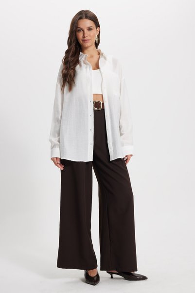 Women's Oversized Relaxed Fit Long Sleeve Plain Ecru Shirt in Pack of Viscose