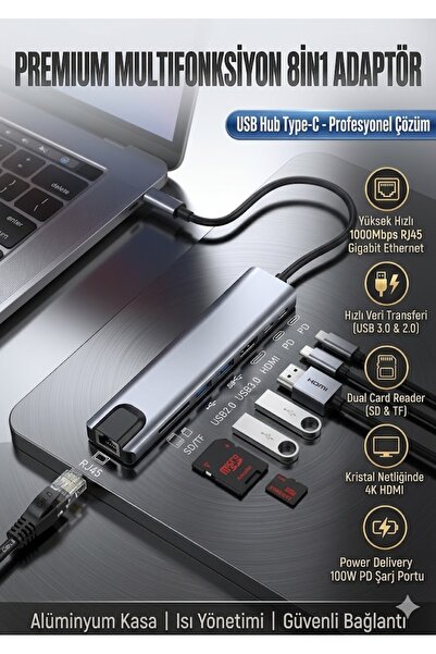 8во1 Type-C Hub компатибилен адаптер, HDMI USB читач на картички, Ethernet со Pd влез, конвертор за Macbook, сив