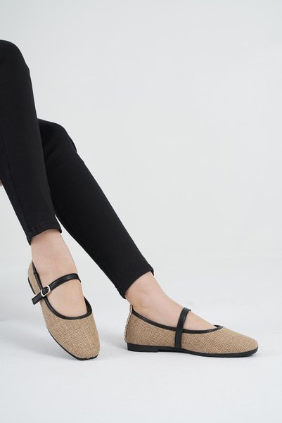 Women's Beige Wicker Daily Buckle Low Heeled Comfortable Ballerinas Byndmrj01