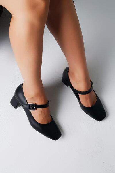 Women's Black Buckle Elastic Square Toe Leather Heeled Shoes 6cm Byndkp103