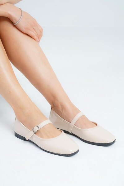 Women's Beige Patent Leather Daily Buckle Low Heel Comfortable Ballerinas Byndmrj01