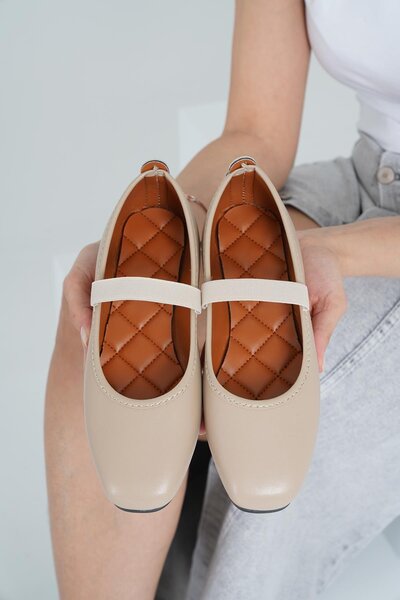 Women's Beige Elastic Leather Daily Ballerina Flats Byndkgz02